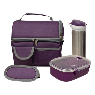 SET DE 2 LONCHERA DE 9 PULG. INCLUYE UN CILINDRO DE ACERO INOXIDABLE, UN RECIPIENTE DE PLÁSTICO PARA ALIMENTOS