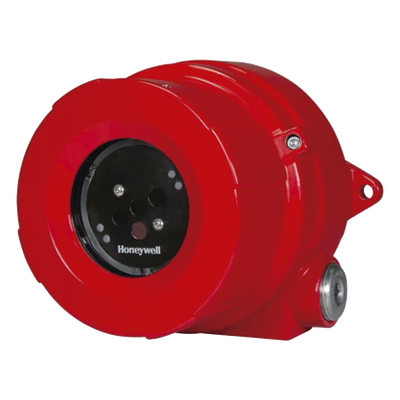 Detector de flama industrial triple infrarrojo (IR3), visión de 90°, alcance configurable 15-60 m, salidas 4-20 mA, relés, HART y Modbus
