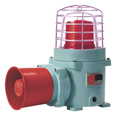 Combinación de baliza LED color Rojo con patrón fijo y flasheante con sirena electrónica, volumen máx. 120 dB para zonas peligrosas a 120 VCA
