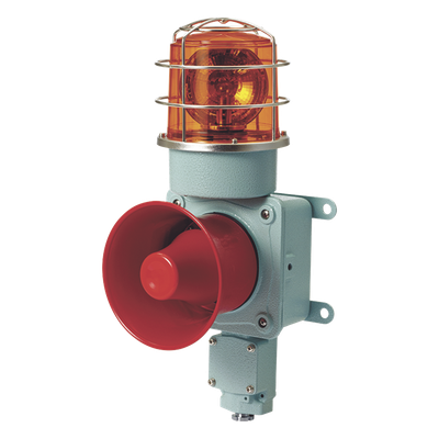 Combinación de luz de advertencia giratoria color Ámbar con bocina eléctrica para aplicaciones de la industria a 24 VCD, máx. 120 dB (No Incluye guarda)