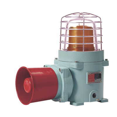 Combinación de baliza LED color Ámbar con patrón fijo y flasheante con sirena electrónica, Volumen máx. 120 dB para zonas peligrosas a 120 VCA