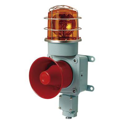 Combinación de luz de advertencia giratoria color Ámbar con bocina eléctrica para aplicaciones de la industria a 24 VCD, máx. 120 dB