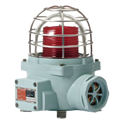 Luz LED color Rojo de advertencia con patrón de destello flasheante/fijo para zonas peligrosas con buzzer incluido a 105 dB. de 24 VCD
