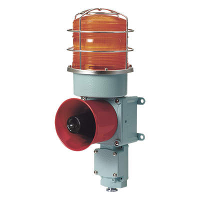 Combinación de Luz Giratoria LED y Bocina Eléctrica / WS-5 Sonidos de Advertencia / 120dB Máx. / AC120V / IP66 / Lente Ámbar / Carcasa de Aluminio / Compatible con Jaula Protectora STS316L / Aplicaciones Marítimas e Indu