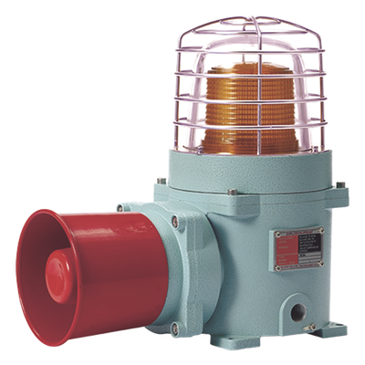 Combinación de baliza LED color Ámbar con patrón fijo y flasheante con sirena electrónica, volumen máx. 120 dB para zonas peligrosas a 24 VCD