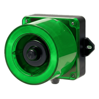Combinacion de baliza LED color Verde y sirena electrónica de 31 tonos resistente a la intemperie de volumen máx. 123 dB a 12-24 VCD