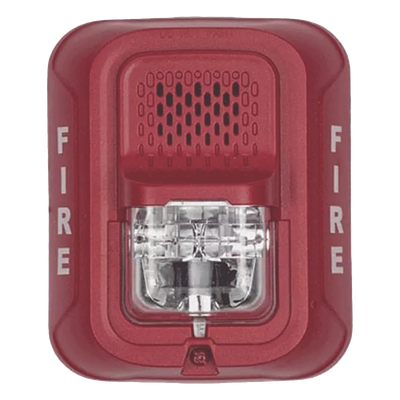 Sirena con lámpara estroboscópica de 4 hilos para pared, 12 o 24 Vcd, candela seleccionable hasta 185 cd, texto FIRE, color rojo