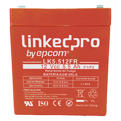Batería de respaldo 12 V |  5.5 Ah |  AGM  | Certificada UL94-V0 Retardante a la Flama  | Especial para Seguridad Electrónica | UPS | Sistemas de Emergencia | Vida útil 5 años | Terminales F1  + Adaptador F2