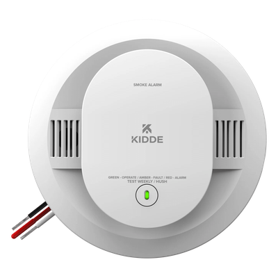Detector de humo fotoeléctrico alámbrico 120 V CA con respaldo de baterías AA, interconexión hasta 24 dispositivos, pieza