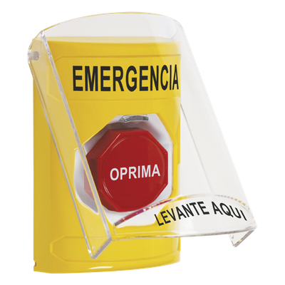 ​Botón Multipropósito, Color Amarillo, De Superficie, Con Tapa De Policarbonato, Con Bocina Pre Alarma, Solo Interior, Llave Para Restablecer, Texto De Emergencia, Español
