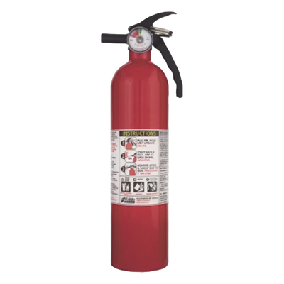 Extintor desechable de polvo químico seco multipropósito de 2.5 lb para fuegos clase A, B y C, con soporte de correa plástico