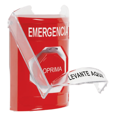 ​​Botón Multipropósito, Color Rojo, De Superficie, Con Tapa De Policarbonato, Con Bocina Pre Alarma, Solo Interior, Llave Para Restablecer, Texto De Emergencia, Español