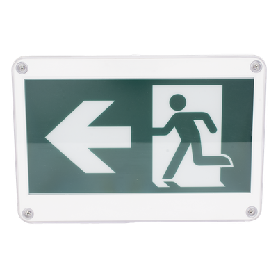 Letrero EXTERIOR de Señalización salida "Hombre Corriendo"/ Alto brillo / Uso en pared, lateral o techo / Batería de Respaldo Incluida con hasta 120 minutos de duración 