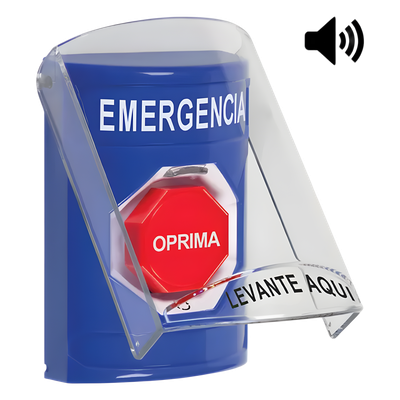 Botón Multipropósito, Color Azul, De Superficie, Con Tapa De Policarbonato, Con Bocina, Para Interior, Girar Para Restablecer, Texto De Emergencia, Español