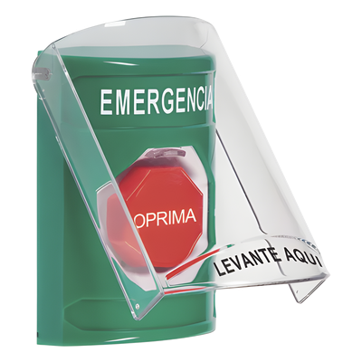 ​​Botón Multipropósito, Color Verde, De Superficie, Con Tapa De Policarbonato, Con Bocina Pre Alarma, Solo Interior, Llave Para Restablecer, Texto De Emergencia, Español