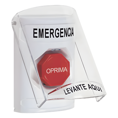 ​Botón Multipropósito, Color Blanco, De Superficie, Con Tapa De Policarbonato, Con Bocina Pre Alarma, Solo Interior, Llave Para Restablecer, Texto De Emergencia, Español
