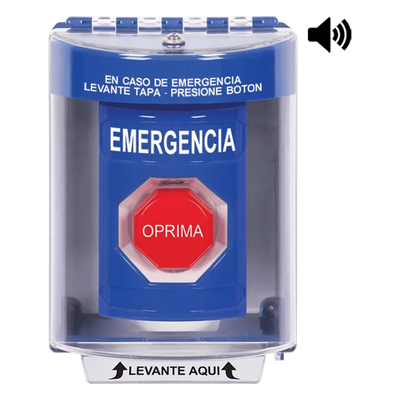 ​Botón Multipropósito, Color Azul, De Superficie con Espaciador, C/Tapa De Policarbonato, C/Bocina Pre Alarma, Interior/Exterior, Llave Para Restablecer, Texto De Emergencia, Español