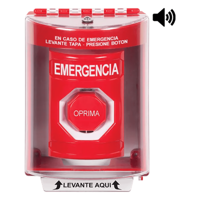 ​Botón Multipropósito, Color Rojo, De Superficie con Espaciador, C/Tapa De Policarbonato, C/Bocina Pre Alarma, Interior/Exterior, Llave Para Restablecer, Texto De Emergencia, Español