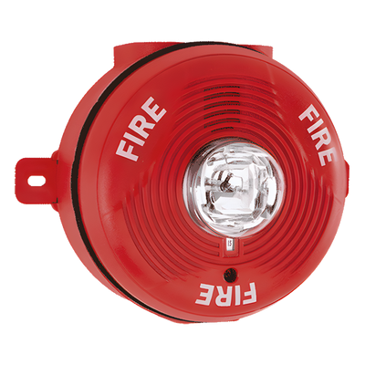 Sirena con Lámpara Estroboscópica para Exterior, Montaje en Techo, Nivel de Candelas Seleccionable, Color Rojo