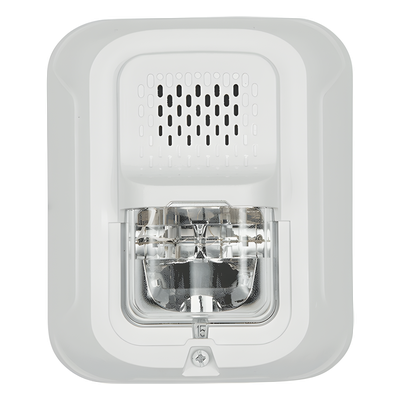 Sirena con Lámpara Estroboscópica a 2 Hilos, Montaje en Pared, Color Blanco, Configuración Estroboscópica Seleccionable, Sin Texto, Nuevo Diseño Moderno y Elegante y Menor Consumo de Corriente