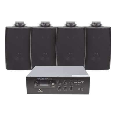 KIT de Amplificador de 120W para Escritorio | 4 Altavoces de Pared color Negro 2.5W - 20W | Sistema 70/100V