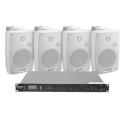 KIT de Amplificador de Audio 120W para Rack | 4 Altavoces de Pared color Blanco 2.5W - 20W | Sistema 70/100V