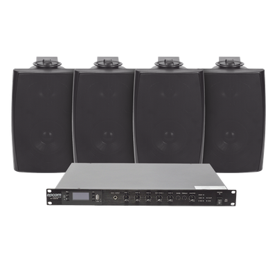 KIT de Amplificador de Audio 120W para Rack | 4 Altavoces de Pared color Negro 2.5W - 20W | Sistema 70/100V