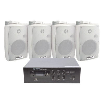 KIT de Amplificador de 120W para Escritorio | 4 Altavoces de Pared color Blanco 2.5W - 20W | Sistema 70/100V