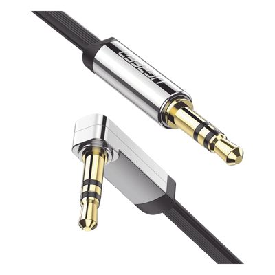 Cable Auxiliar Plano 2 Metros / Conector 3.5mm a 3.5mm / Macho-Macho / Recto a Angulo / Ángulo de 90° en una de sus Puntas / Color Negro