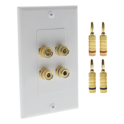 KIT 1 Placa de Pared + 2 Pares Conectores Banana (Rojo+Negro) | Postes de Unión Tipo Banana | Conexión para 2 Altavoces | Fácil Instalación | Conectores Chapados en Oro