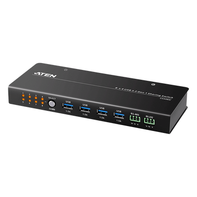 Conmutador de Uso Compartido USB 3.2 Gen 1 Industrial | 8 Puertos para Computadoras | 4 Puertos para Dispositivos | 5 Gbps | Selección por Botón, RS-232/485 o Remoto | Power on Detection | Carcasa de Metal | Montaje en Pared