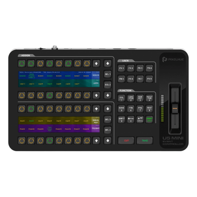 Controlador de Eventos Compacto U5MINI / Pantalla Táctil Principal 21.5" / Pantalla Inteligente 8" / 87 Botones LCD Programables / 4 Encoders y 8 Faders / Control MIDI y KVM / Diseño Plegable / Software PixelFlow / HDMI 2.0 / 12G-S