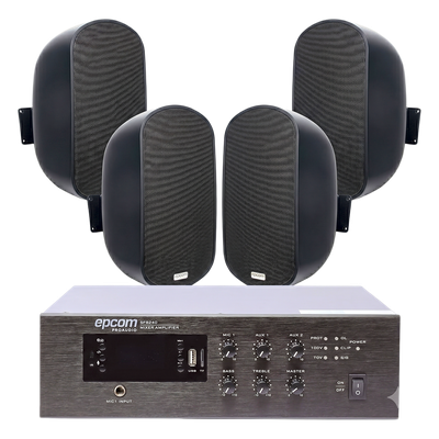 KIT de Amplificador de 240W para Escritorio | 4 Altavoces de Pared color Negro 3W - 50W | Sistema 70/100V