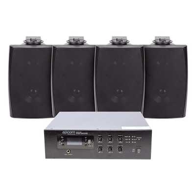 KIT de Amplificador de 240W para Escritorio | 4 Altavoces de Pared color Negro 2.5W - 20W | Sistema 70/100V