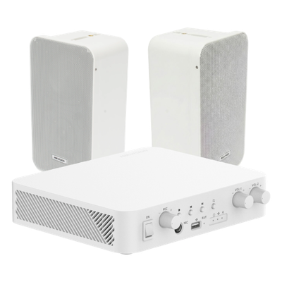 Kit de amplificador con bluetooth | 2 altavoces para pared | Sistema 100V |  2 Canales con Control de volumen Independiente |  Música Ambiental