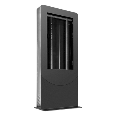Kiosko tipo Vertical color negro para Pantallas 55" / Construcción Totalmente en Acero / Base Plana / 6 Tomas Eléctricas con Supresor de Picos / Ventilación Termostática / Capacidad de Carga 125-150 lb (56-68 kg)