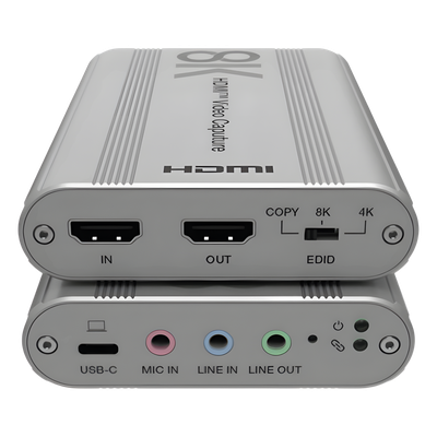 Tarjeta de Captura HDMI 8K a USB 3.2 Gen 1 | Resolución 8K@60Hz y 4K2K@144Hz | Ancho de Banda 48Gbps | Mezcla de Audio HDMI-Micrófono-Línea | Compatibilidad Multiplataforma Windows-macOS-Linux | Carcasa de Aluminio Plateado