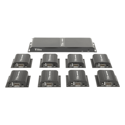 Kit Divisor y Extensor HDMI (Extender Splitter)  / Divide 1 Fuente HDMI a 8 Pantallas / Extiende la señal HDMI hasta 40 m / Resolución 1080P @ 60 Hz / Cat 6/6a/7 / Uso 24/7 / Salida Loop en el Tx / IR / Alimente solo el Tx (PoC).