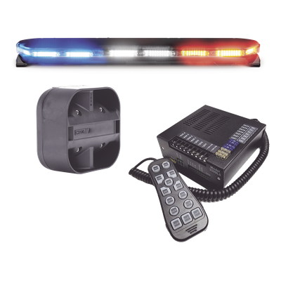 Kit de Sirena, Bocina y Torreta de 47", Serie 16 con 300 LEDs, Dual Color, Frente: Rojo/Blanco, Azul/Blanco, Trasero: Rojo/Ámbar, Azul/Ámbar