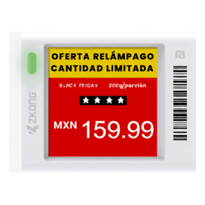 Etiqueta Electrónica de Estantería ESL 1.5" / Pantalla EPD Gráfica Matriz de Puntos 152x152 píxeles / 4 Colores (Negro Blanco Rojo Amarillo) / BLE 5.0 con Encriptación AES-128 / Autonomía 3 Años con 4 