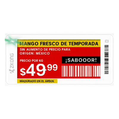 Etiqueta de Estantería Electrónica ESL ZKE21B / Pantalla EPD 2.13 Pulgadas / Resolución 122x250 Píxeles / 4 Colores (Negro Blanco Rojo Amarillo) / BLE 5.0 con Encriptación AES-128 / Batería 5 Años / NFC / C