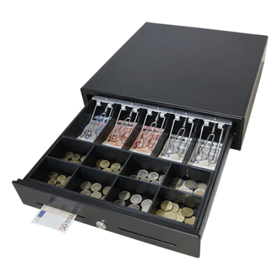 Cajón para Efectivo / Serie MK / Push Open / Insertos Ajustables Billetes y Monedas / Cubierta de Acero / Operación Manual