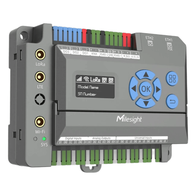 Gateway IoT LoRaWAN para Automatización de Edificios / Quad-Core 1.5 GHz / 8 Canales LoRaWAN / 2,000 Dispositivos / Edge Computing / 4G LTE / KNX + BACnet + Modbus / RS485 + M-Bus
