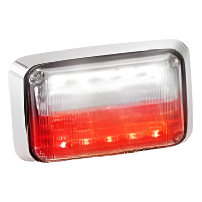 Luz de advertencia Quadraflare LED con flasher integrado y mica transparente, en combinación de colores rojo y claro.