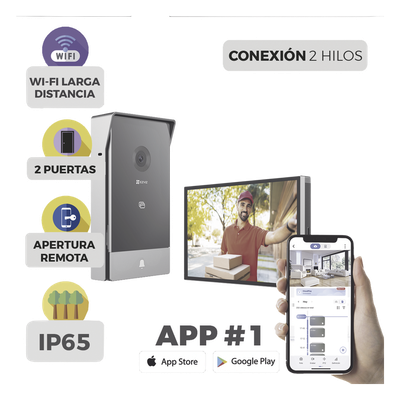 Videoportero IP Conexión a 2 Hilos / Con Monitor Wi-Fi para Interior / Frente de Calle  IP65 Uso En Exterior Debe Tener Protección / Cámara 3 Megapíxel / Llamada a la App / Apertura remota  / Apertura de 1 Puerta y un 1 Porton 