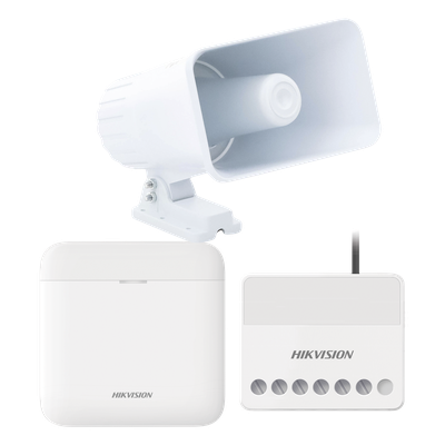 (AXPRO) KIT de alarma AX PRO con sirena cableada 30W / Incluye: 1 Hub con Batería de respaldo / 1 Sirena Cableada de 30 Watts IP65 / 1 Relevador Inalámbrico 0 a 36 VCC / Compatible con Hik-Connect P2P