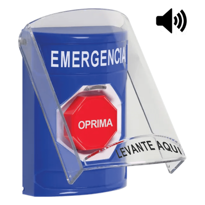 ​Botón Multipropósito, Color Azul, De Superficie, Con Tapa De Policarbonato, Con Bocina Pre Alarma, Solo Interior, Llave Para Restablecer, Texto De Emergencia, Español