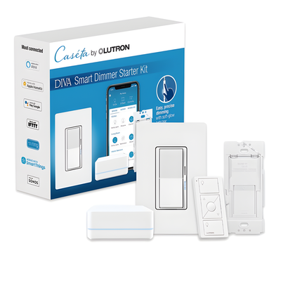 Kit de inicio Caseta Wireless con hub, atenuador de pared Diva de 150 W LED o 600 W incandescente sin neutro, control Pico, tapa y adaptador de pared, compatible con Apple HomeKit