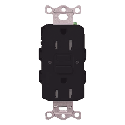 Tomacorriente GFCI autocomprobante de 15 A y 125 V, resistente a manipulaciones, con indicadores LED de estado y falla, color negro