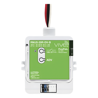Módulo de relevador inalámbrico PowPak de 20 A para control de contactos, 120/277 V, con Softswitch, compatible con controles Pico y sensores Radio Powr Savr del sistema Vive